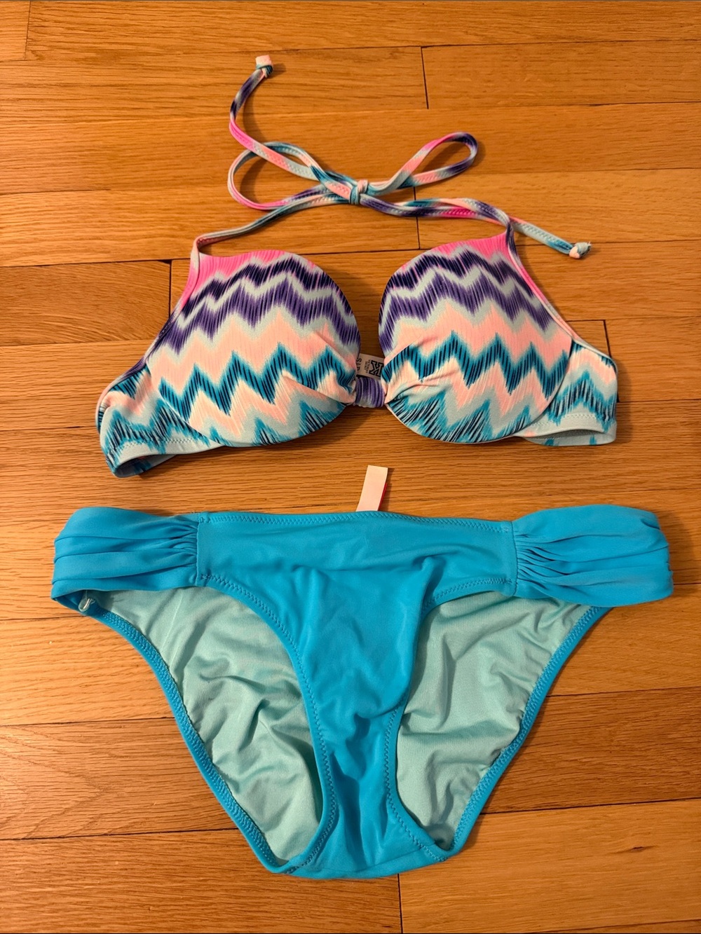 PINK Victoria's Secret Bright Turquoise Bikini Bottoms and Chevron Print top